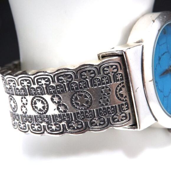 Chico's Cuff Watch, Turquoise Face, Silver Tone Engraved Band, Japanese Movement - Picture 5 of 12